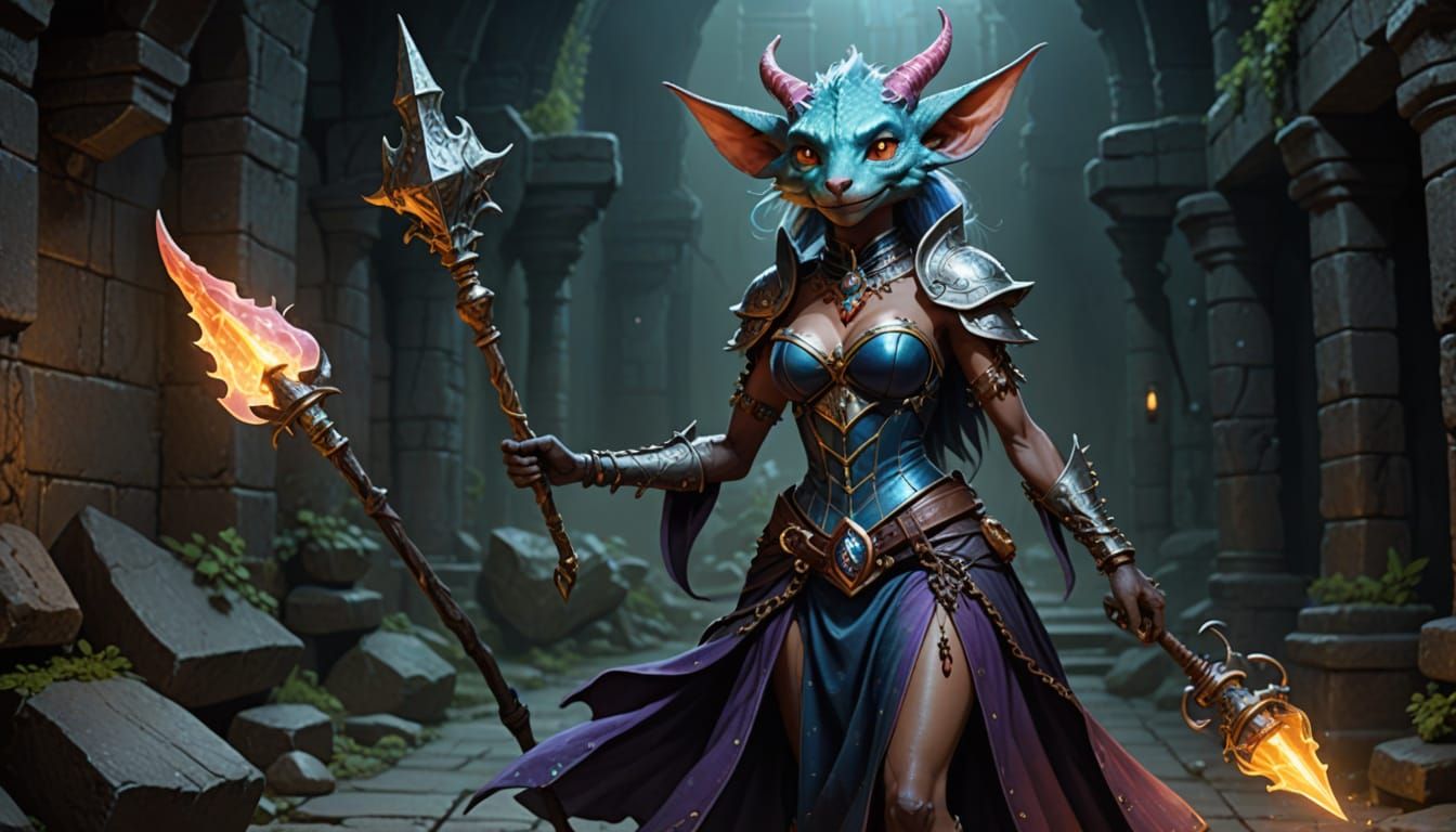 Anthro Kobold Sorceress with Cosmic Corset in Dungeon