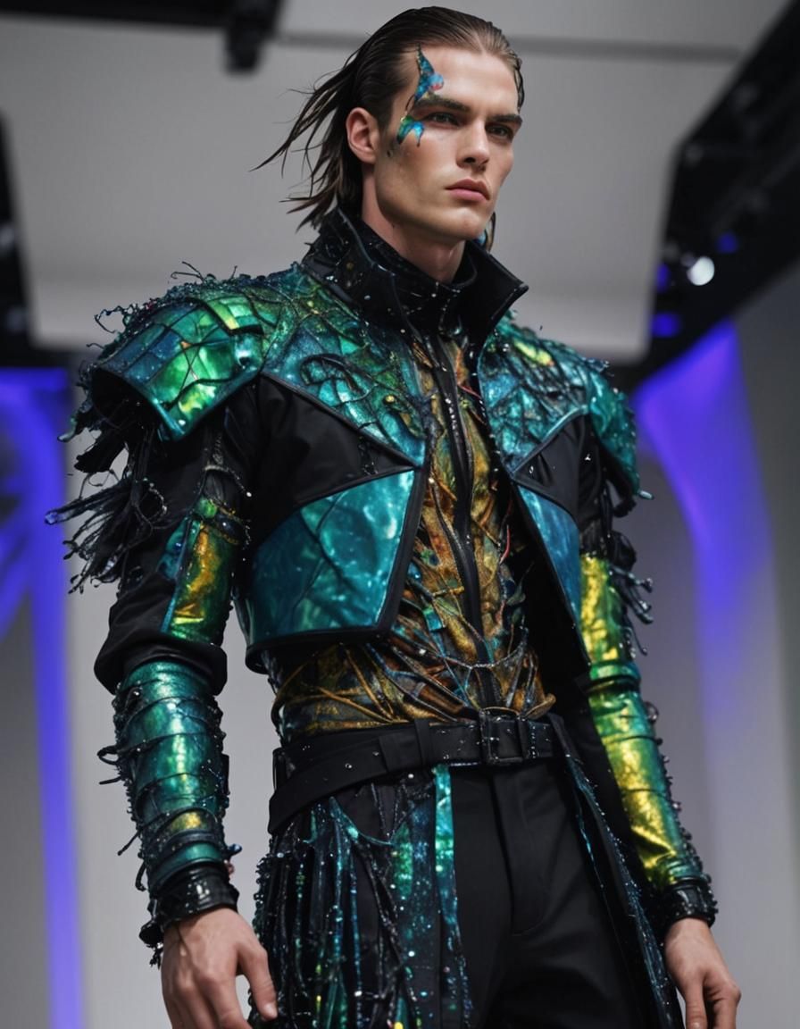 Biopunk Fashion Model on Catwalk in Wired Outfit
