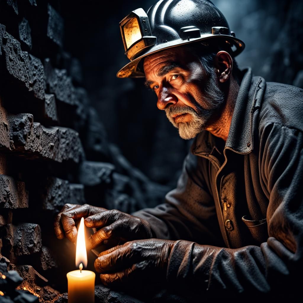Miner in Deep Coal Mine by Candlelight