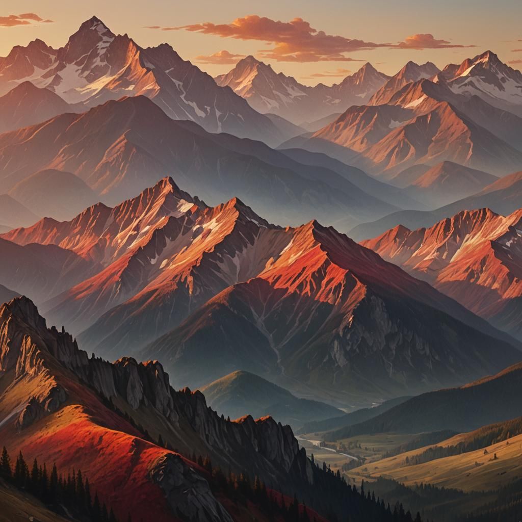 Majestic Mountain Sunset in Oil Painting Style