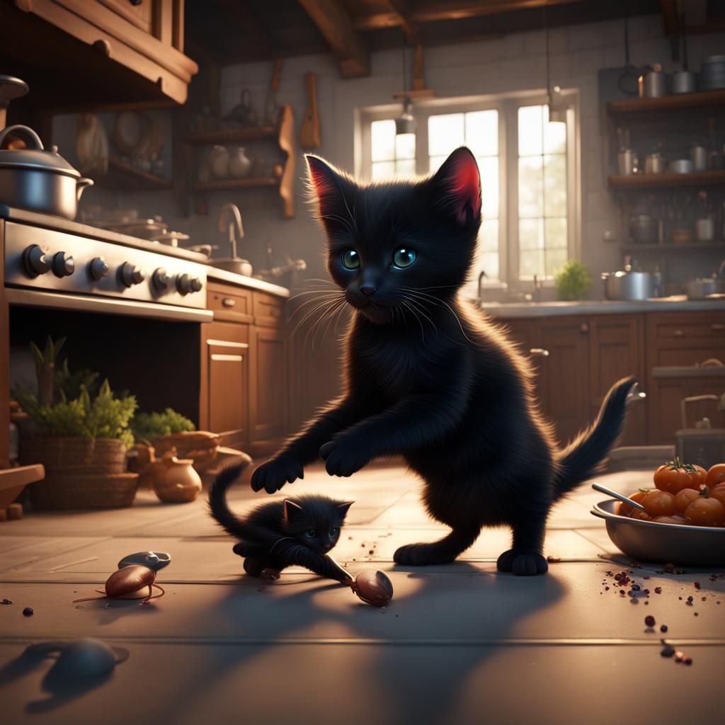 Black Kitten and Mouse in Chef's Kitchen