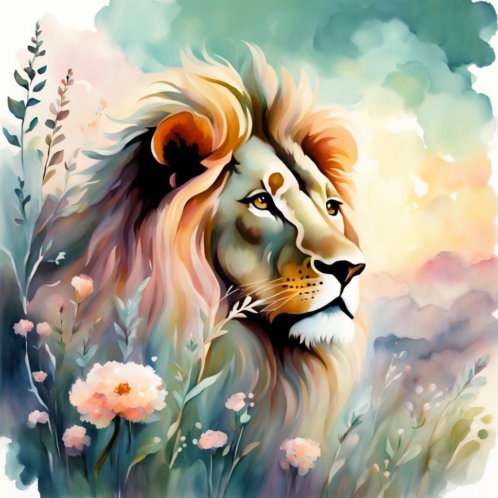Regal Lion in Whimsical Wildflower Field