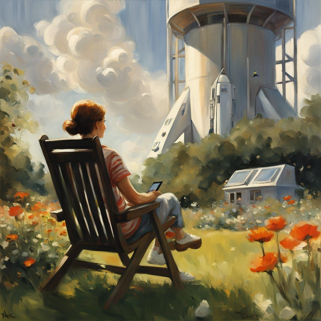 Elegant Woman Surrounded by Blooms and Celestial Wonder in I...