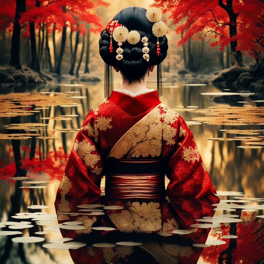 Ornate Geisha in Golden Lace: A Dark Fantasy Portrait