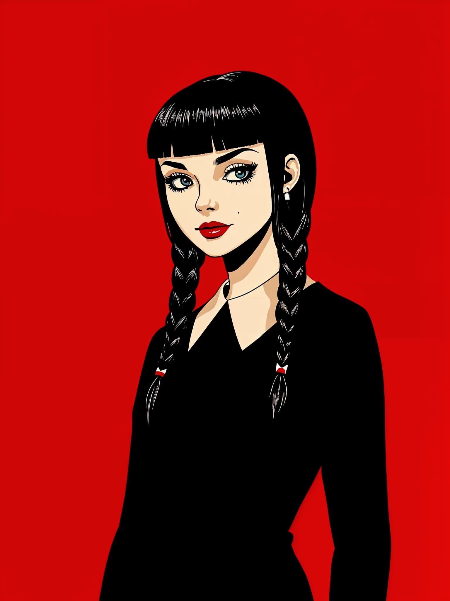 Retro Minimalistic Wednesday Addams Portrait with Halftone T...