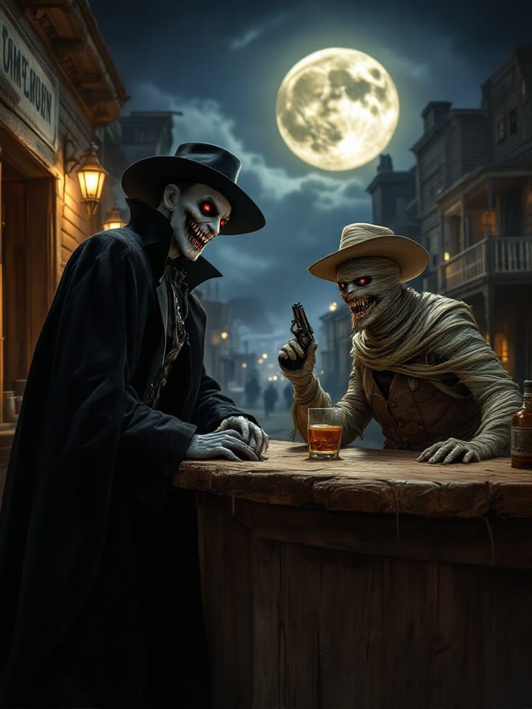 Halloween Western Scene with Classic Monsters