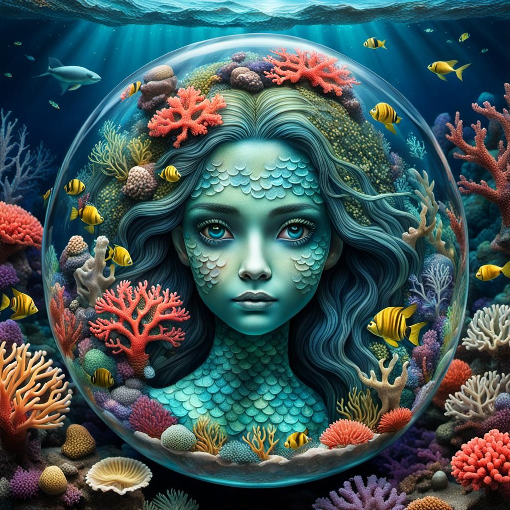 Underwater Mermaid and Coral Reef World in Glass Bowl
