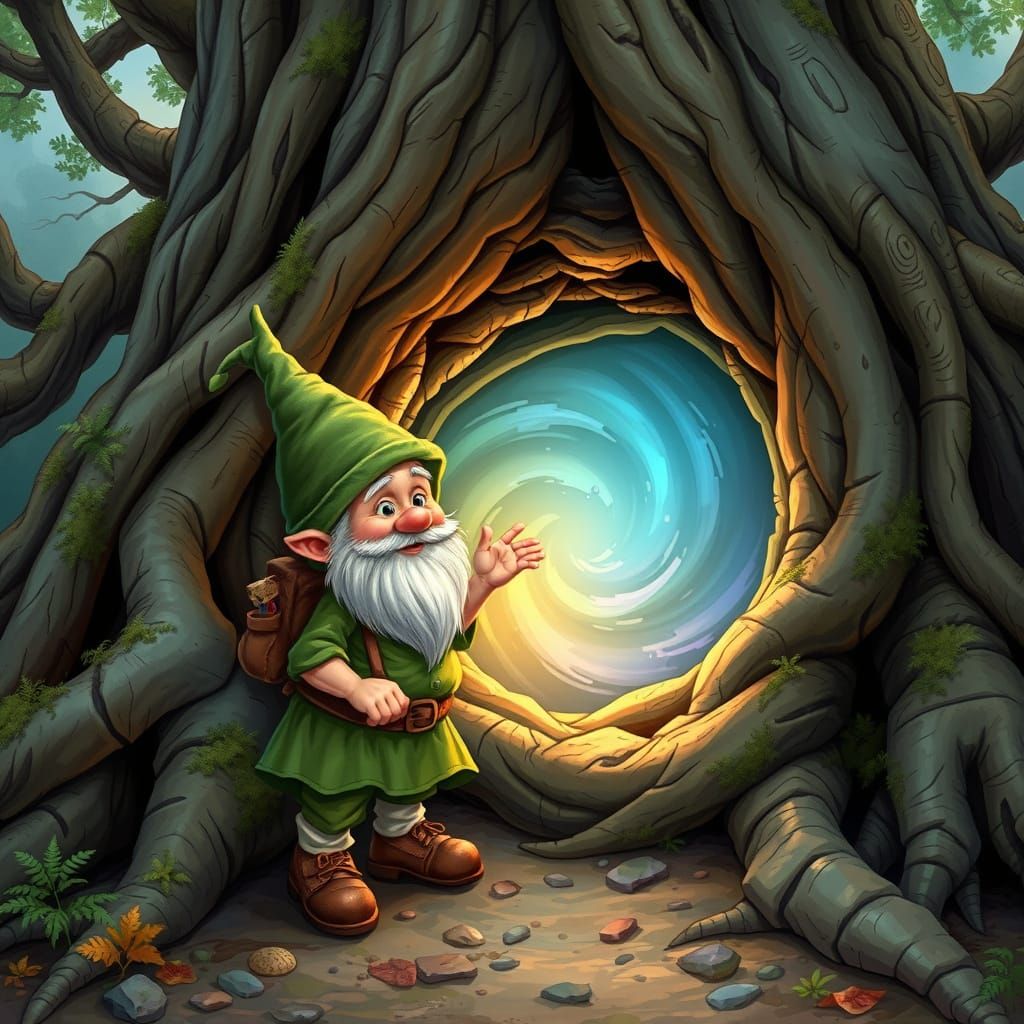 Ancient Tree Gnome Discovers Hidden Portal in Whimsical Fore...