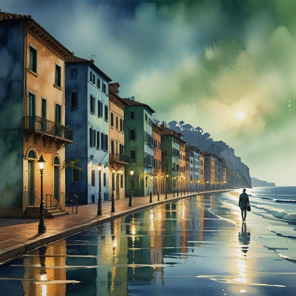 Coastal Town Morning Serenity in Watercolor