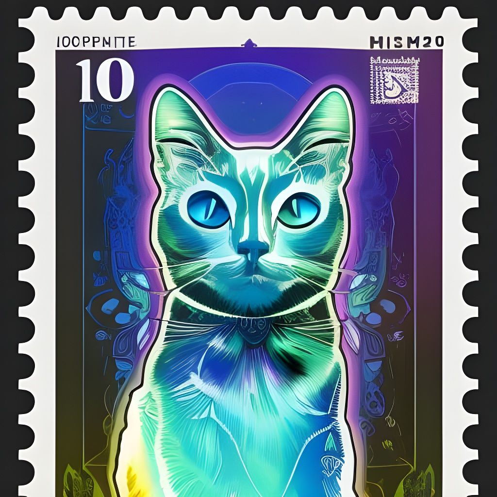 Holographic Cat on Stamp in Retro-Futuristic Style
