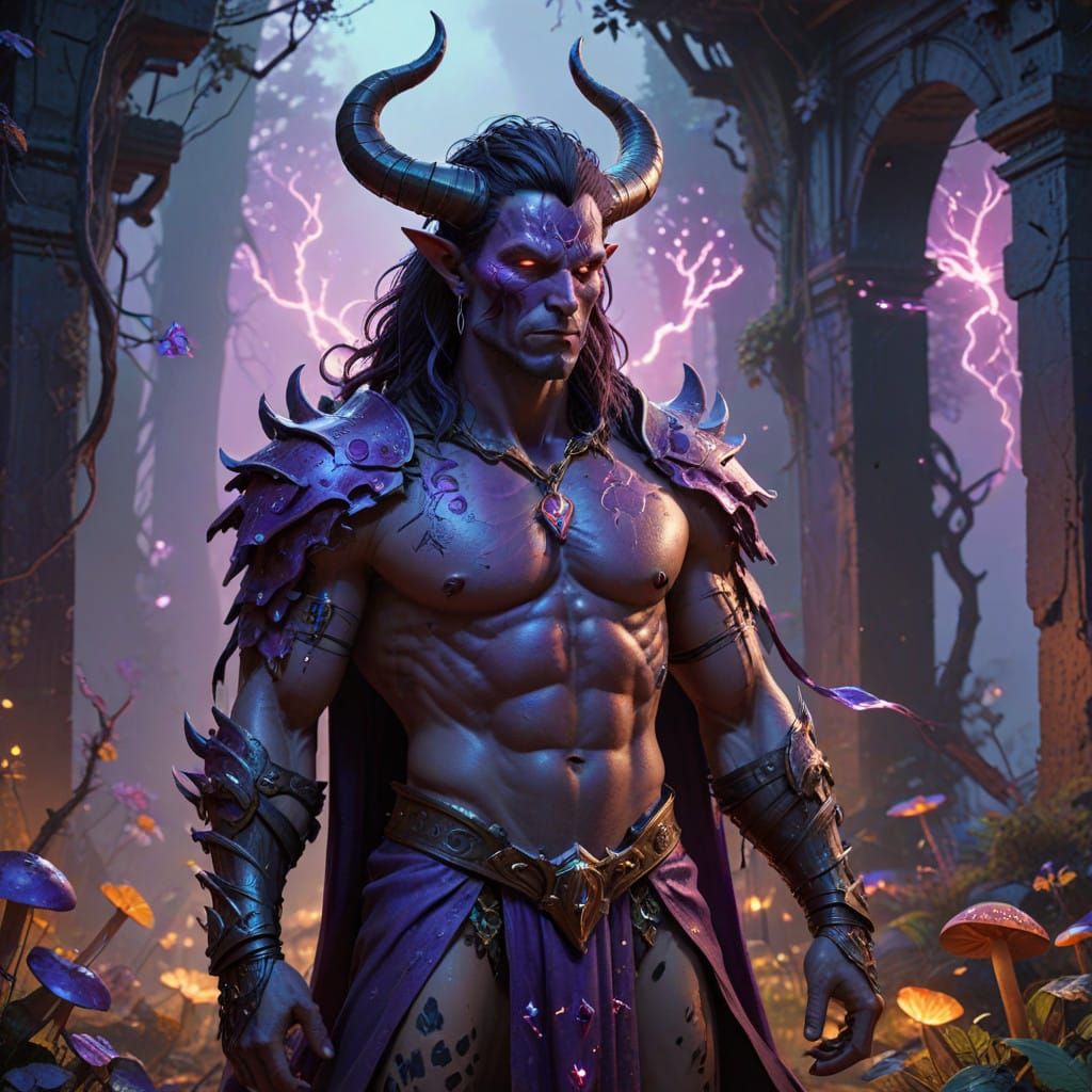 Ethereal Tiefling Cleric Amidst Ancient Ruins