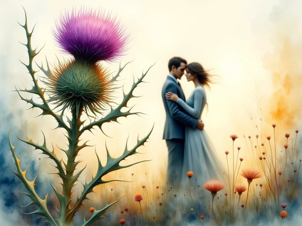 Blooming Thistle: Luminous Watercolor of Resilience and Sorr...