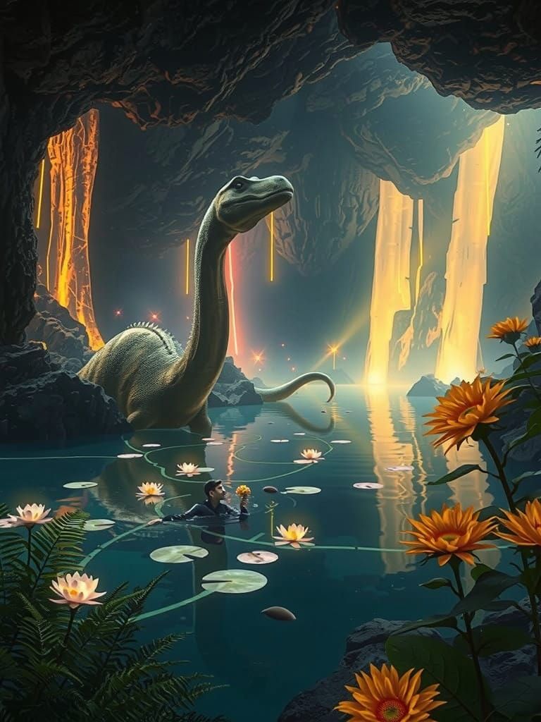 Radiant Cave Oasis with Neon-Lit Brachiosaurus and Diplodocu...