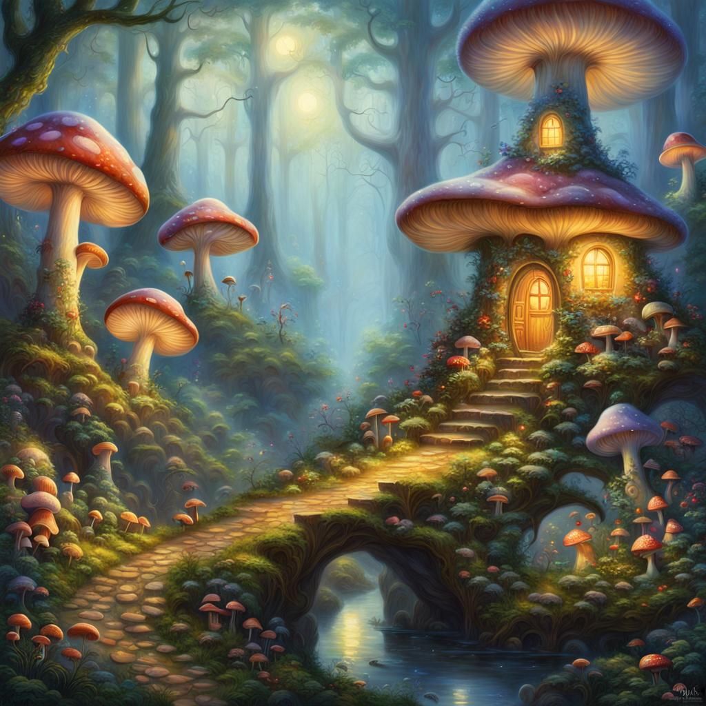 Enchanted Mushroom Village in Ethereal Forest