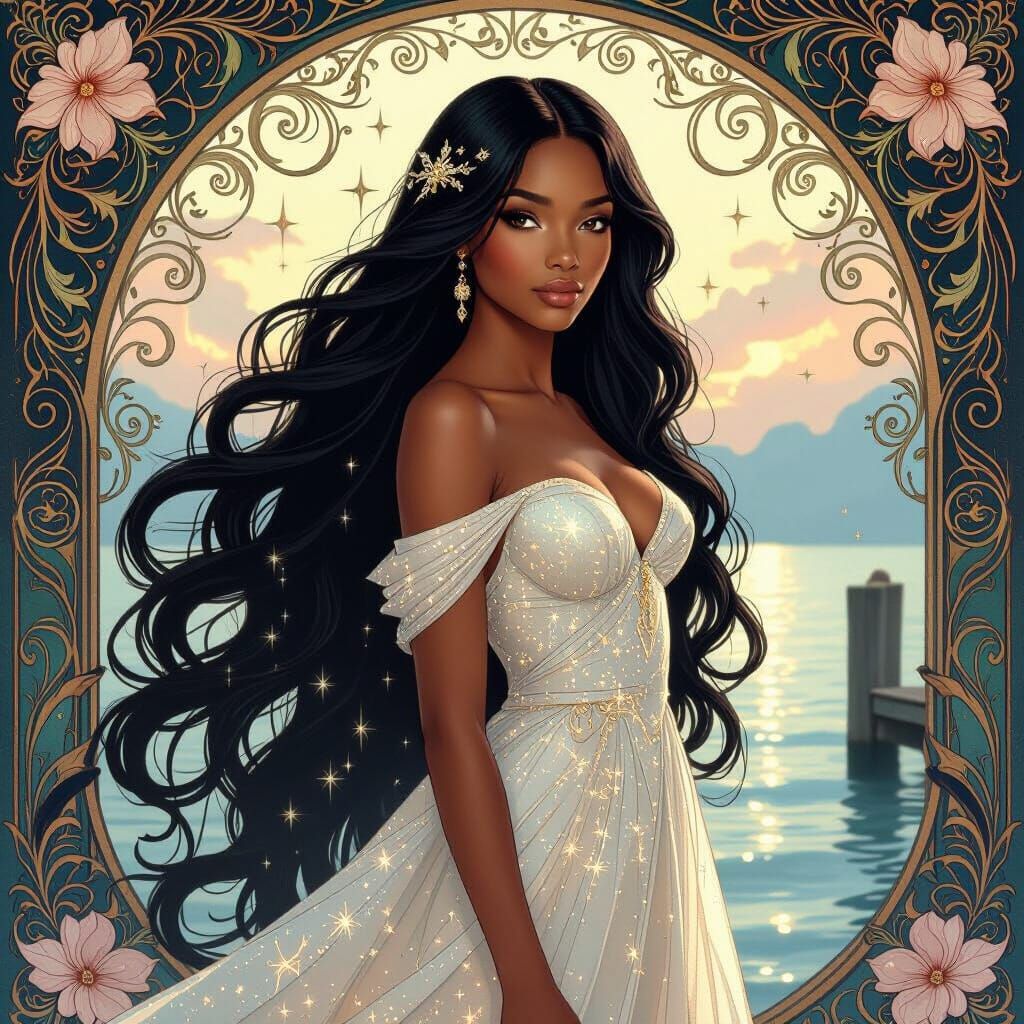 Elegant Woman in Starlight Gown, Art Nouveau Style