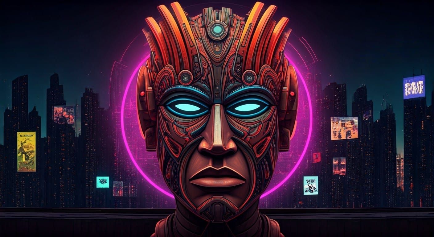 Neon Tribal Mask in Cyberpunk Cityscape