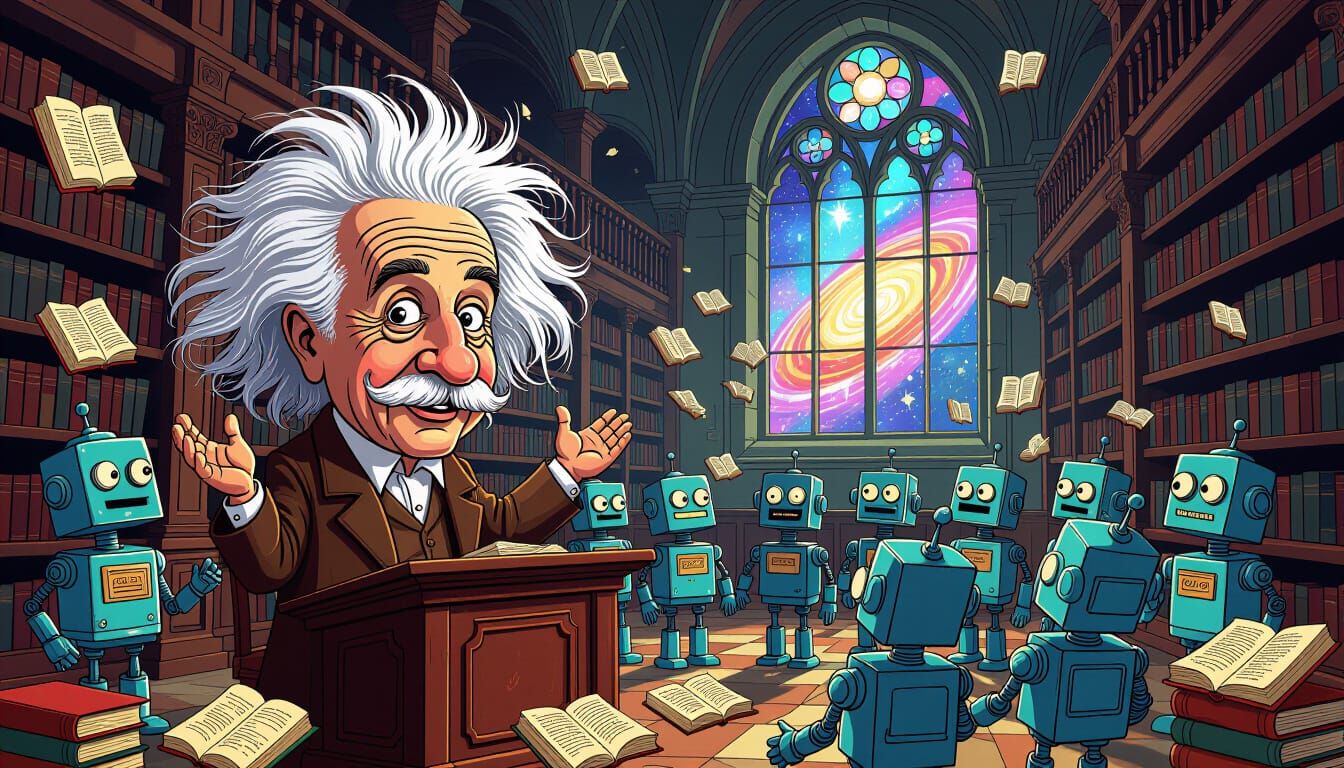 Einstein Lecturing Robots in Surreal Library Caricature
