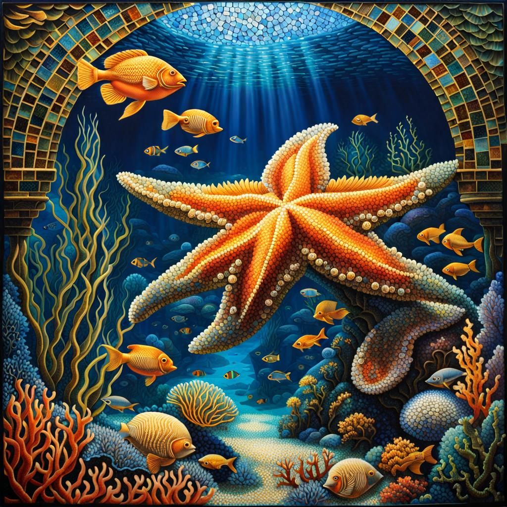 Detailed Mosaic of Sunken Palace and Marine Life