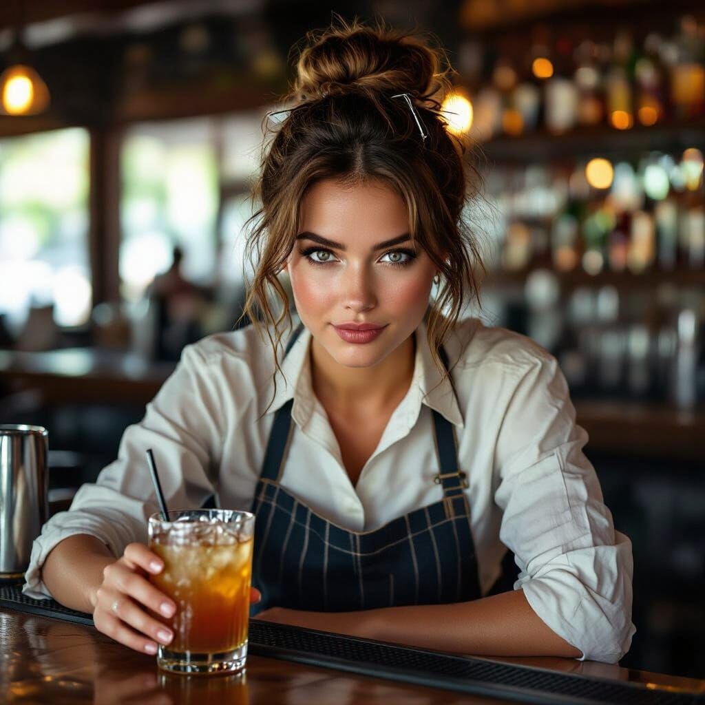 Cute Waitress Serving Drinks in Photorealistic Style