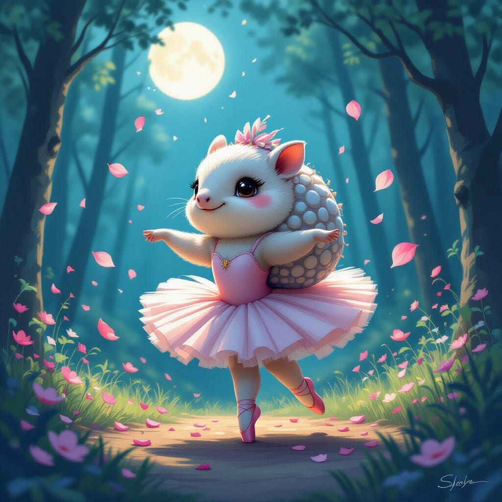 Glyptodon Ballerina Dances in Enchanted Moonlight Forest