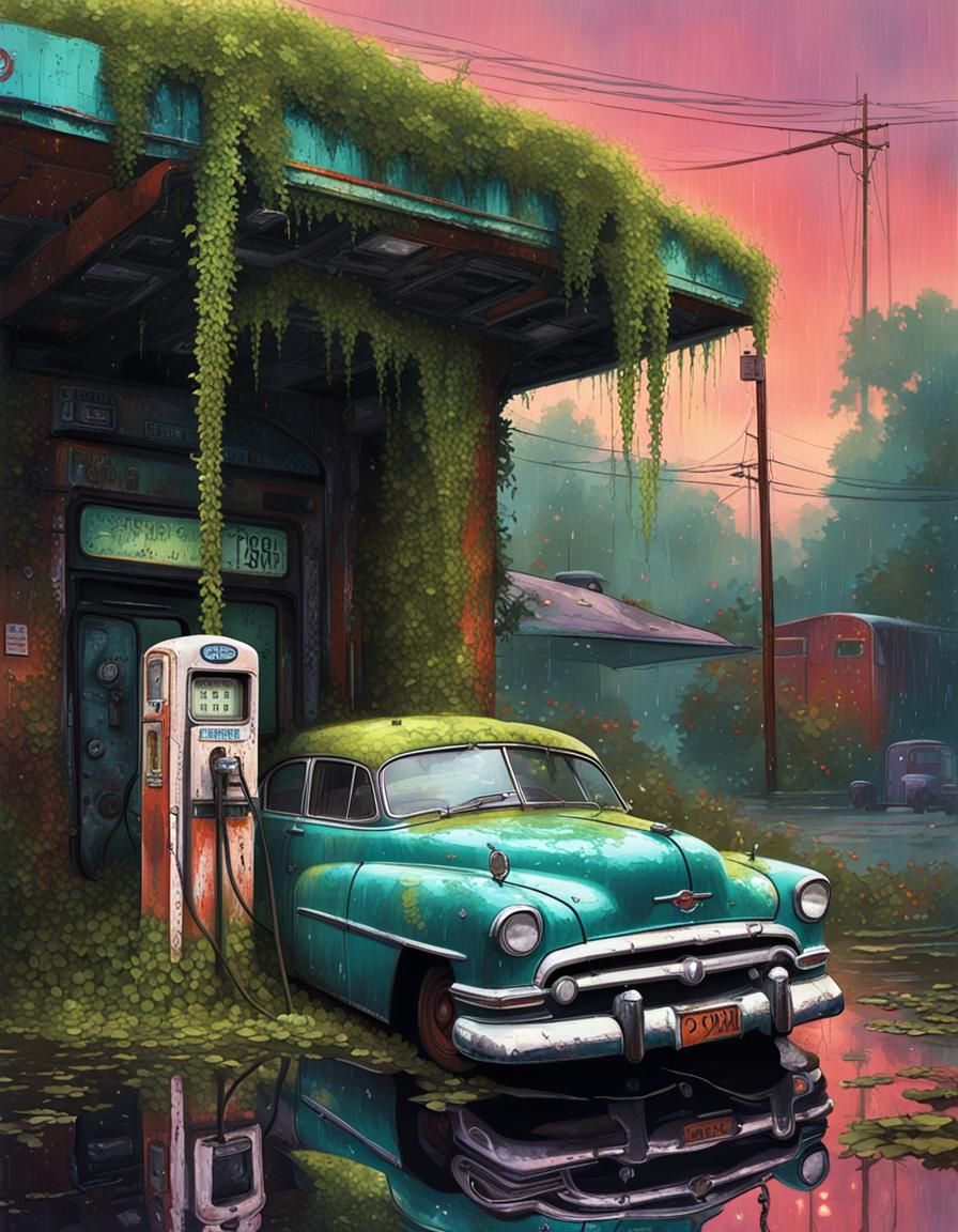 Derelict Petrol Pump in Rain Soaked Neon Hues