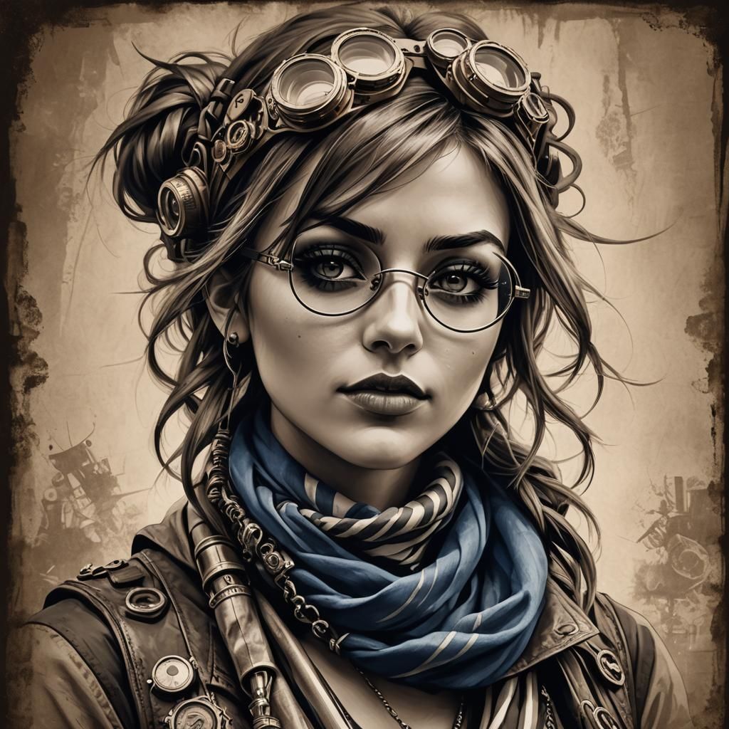 Steampunk Girl in Sepia Portrait with Forced Perspective
