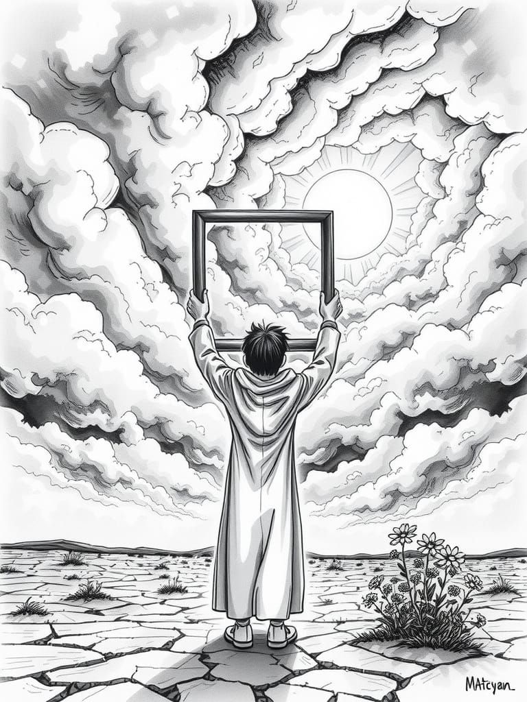 Hopeful Reflection: Ink Illustration of Sun Transformation