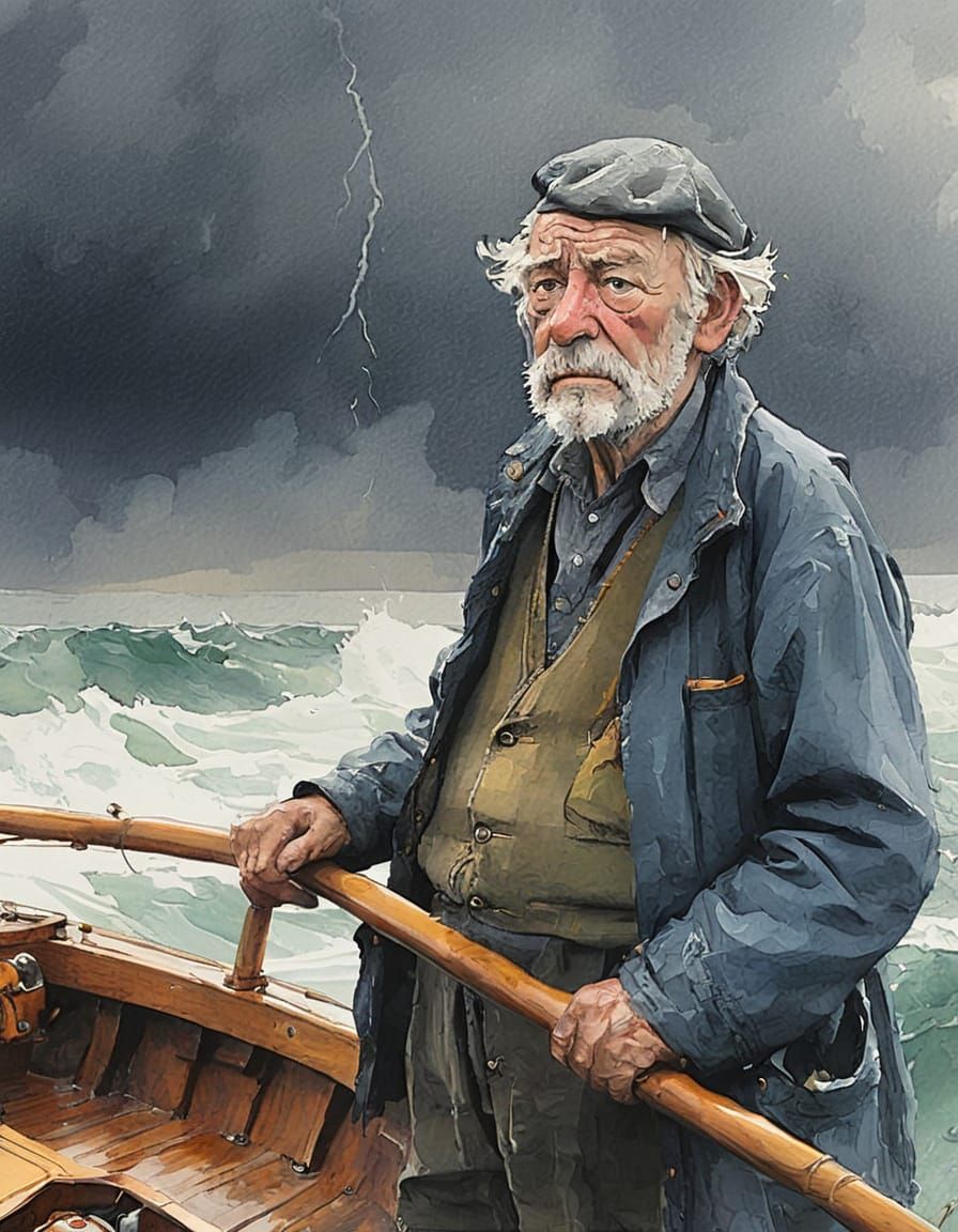 Grizzled Fisherman Battles Storm: Impressionist Digital Art