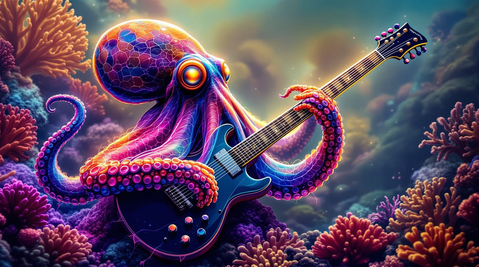 Octopus Rock Star with Neon Colors in Coral Reef