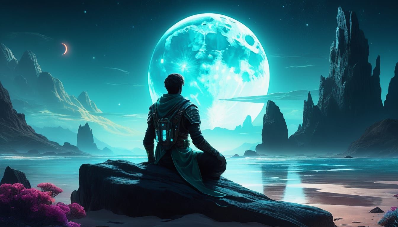 Cosmic Traveler Contemplates Horizon in Surreal Landscape