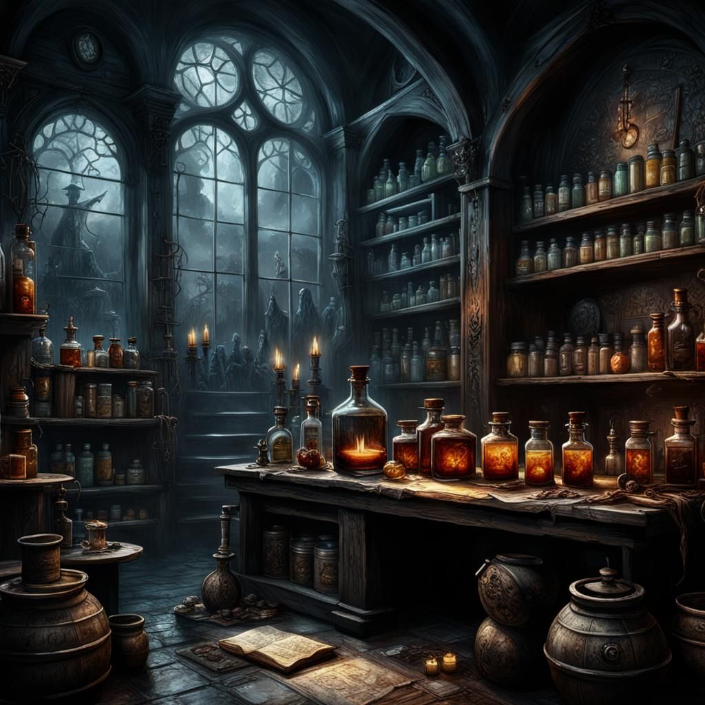 Witch's Back Room: Dark Fantasy Oil and Ink Illustration