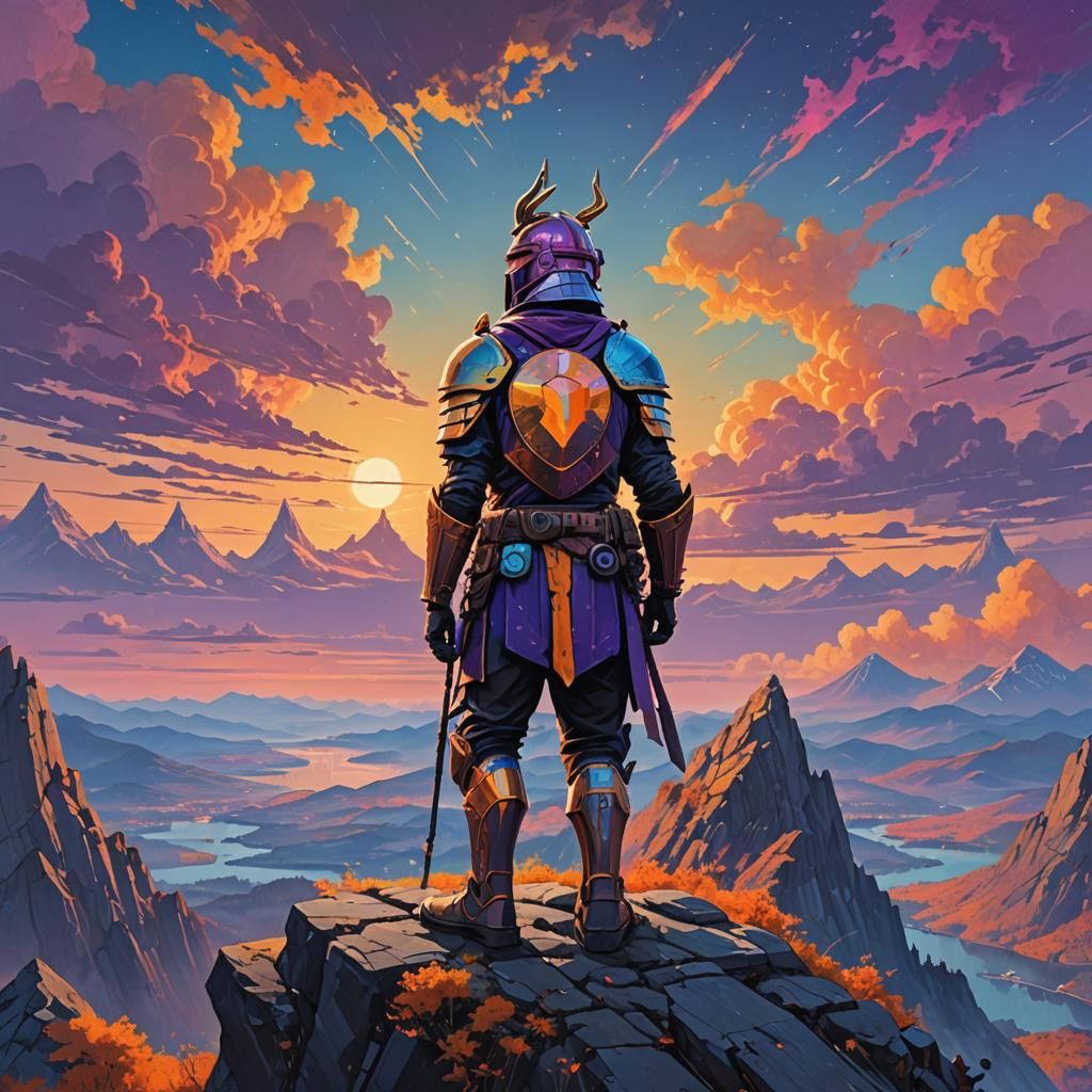 Majestic Warrior Overlooking a Realm of Wonder