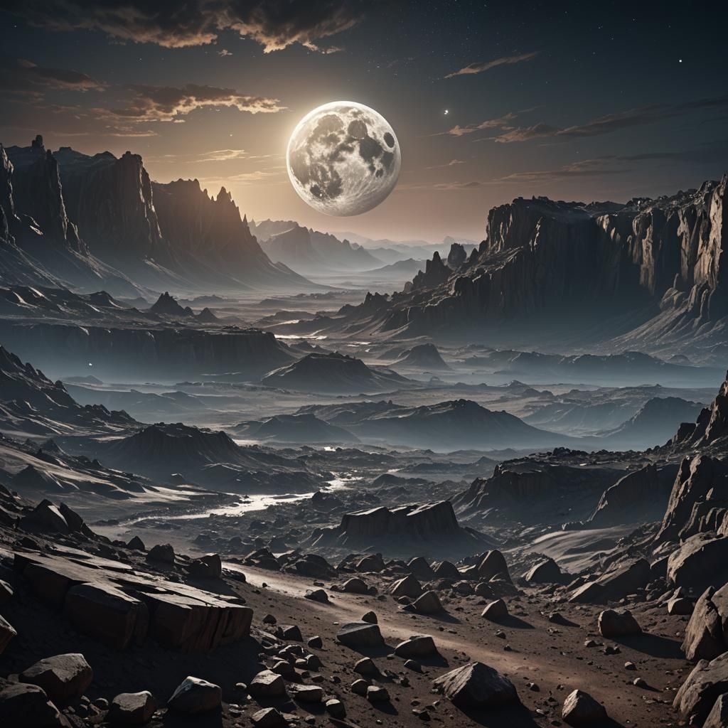 Colossal Moon Over Barren Landscape: Cinematic Digital Art