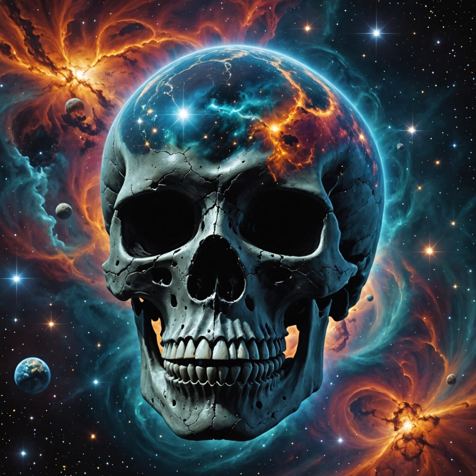 The earth represented as a skull in a cosmic nebula.