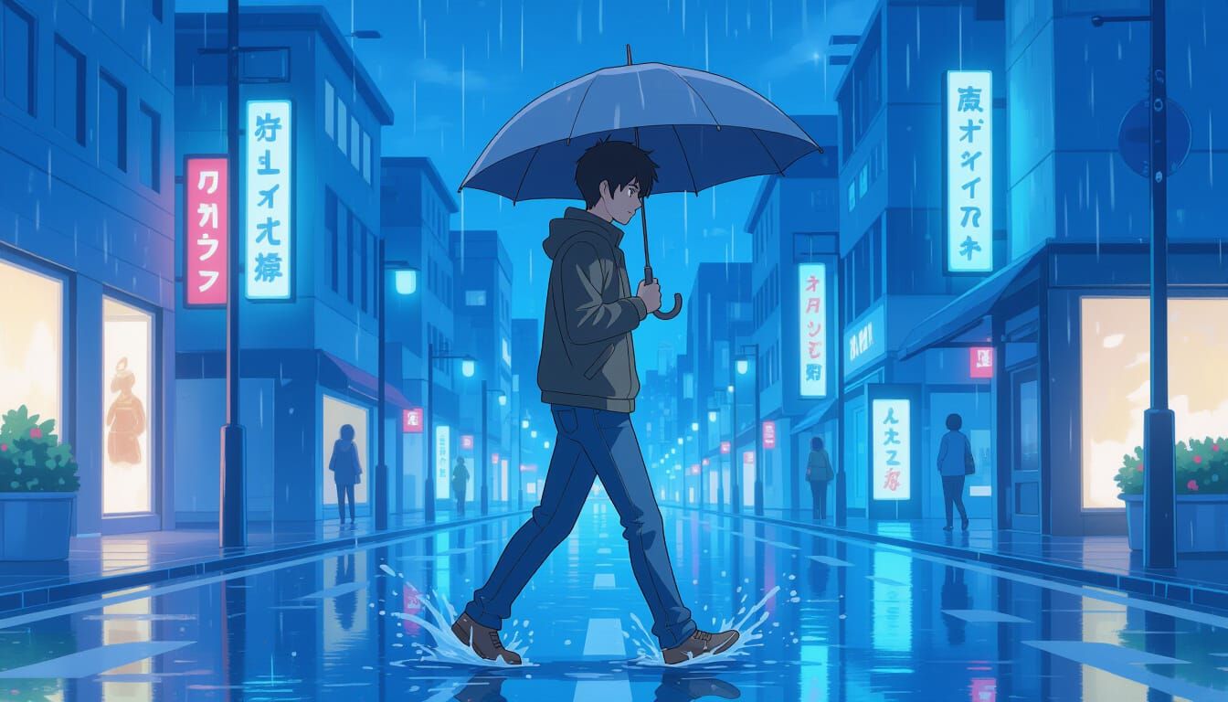 Anime Man Walks on Rainy City Street