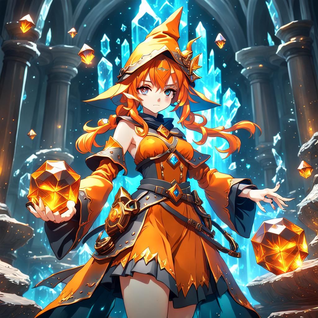 Anime Wizard Girl with Orange Crystals