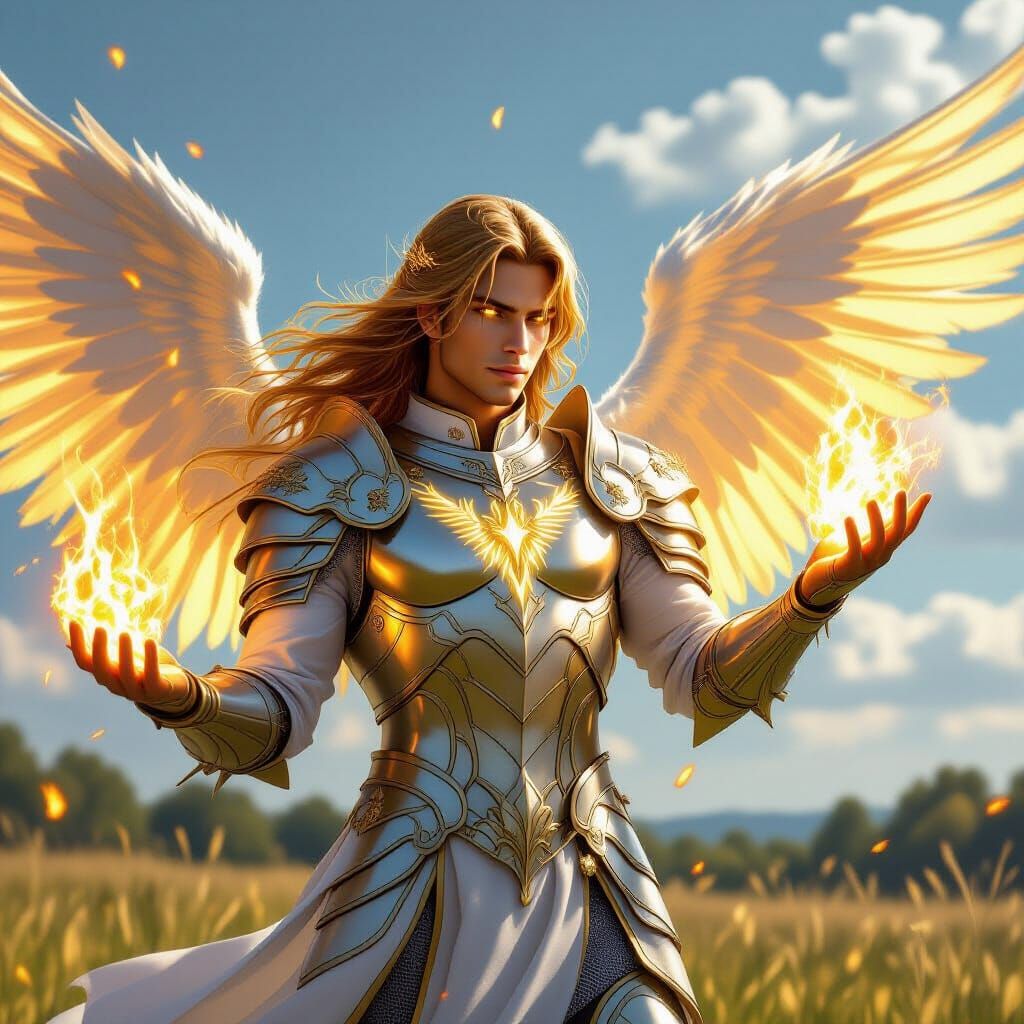 Androgynous Angel in Silver Armor with Golden Fire