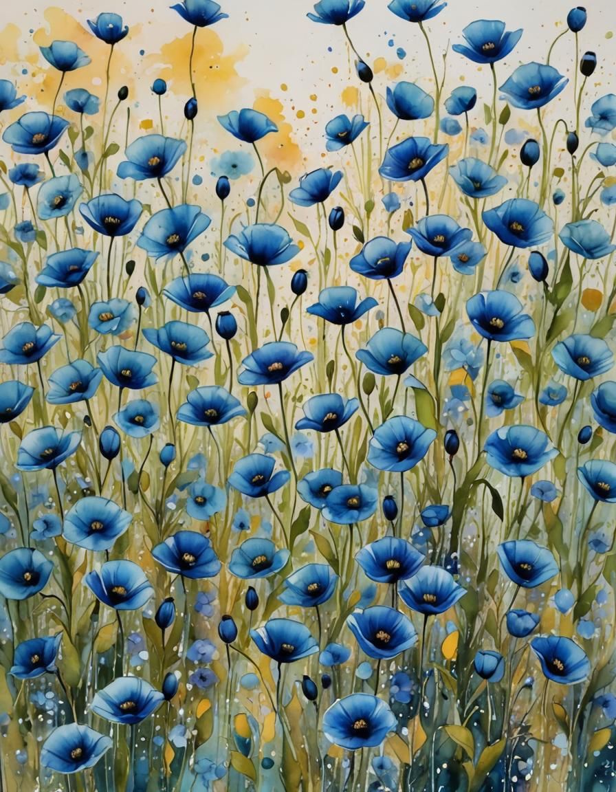 Blue Poppy Field in Wet Brush Watercolour