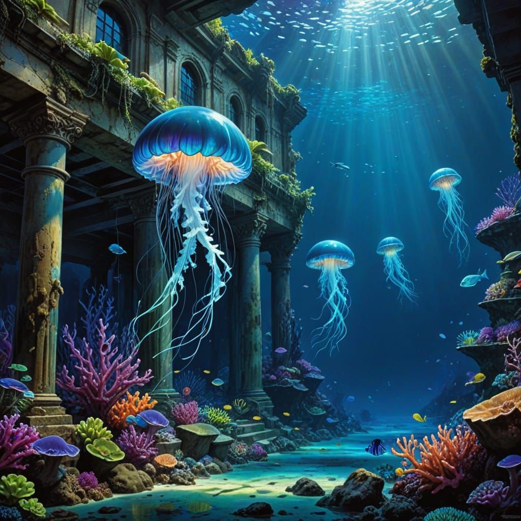 Bioluminescent Coral Reef With Exotic Fish and Ruins