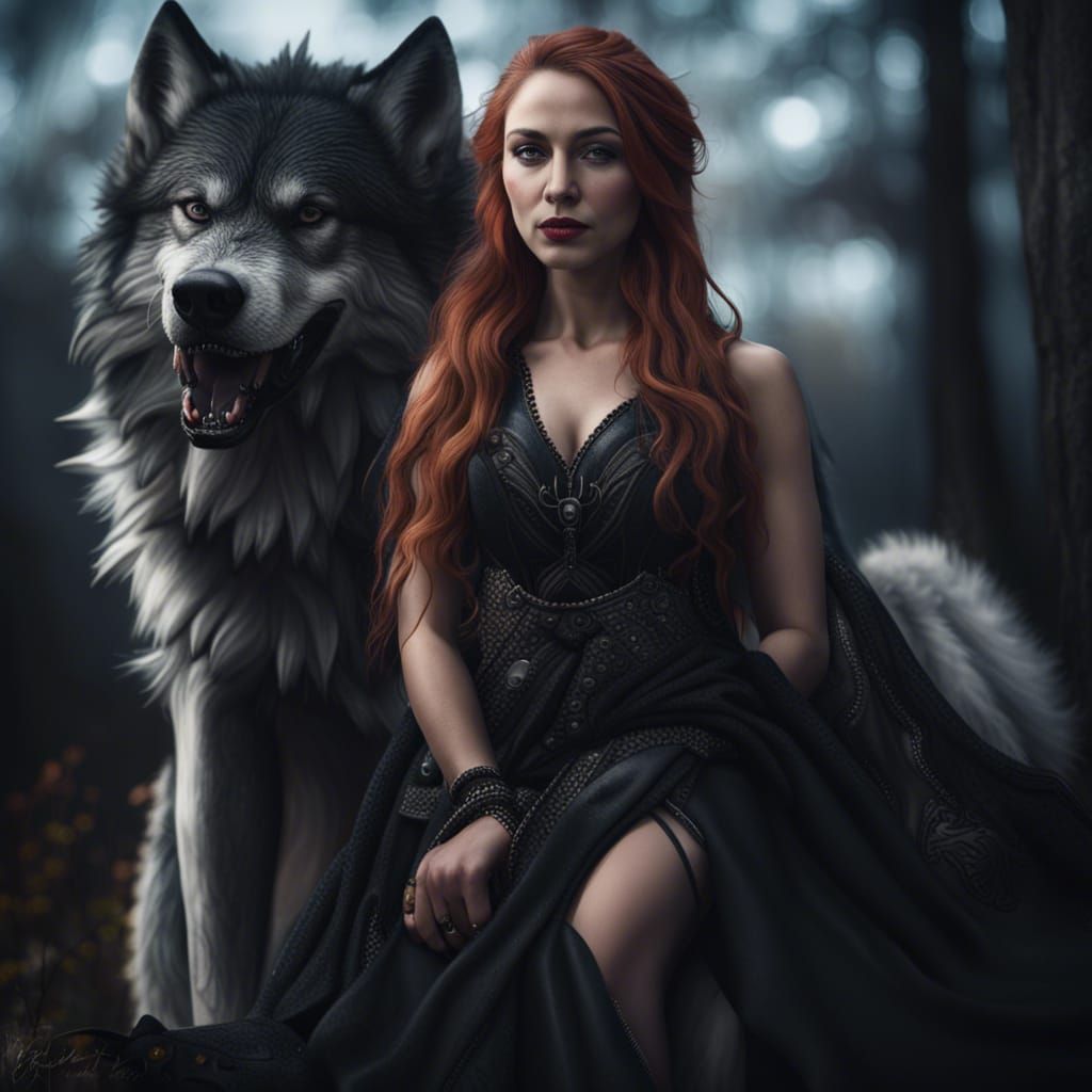 Gothic Goddess Hel with Fenrir in Hyperrealism