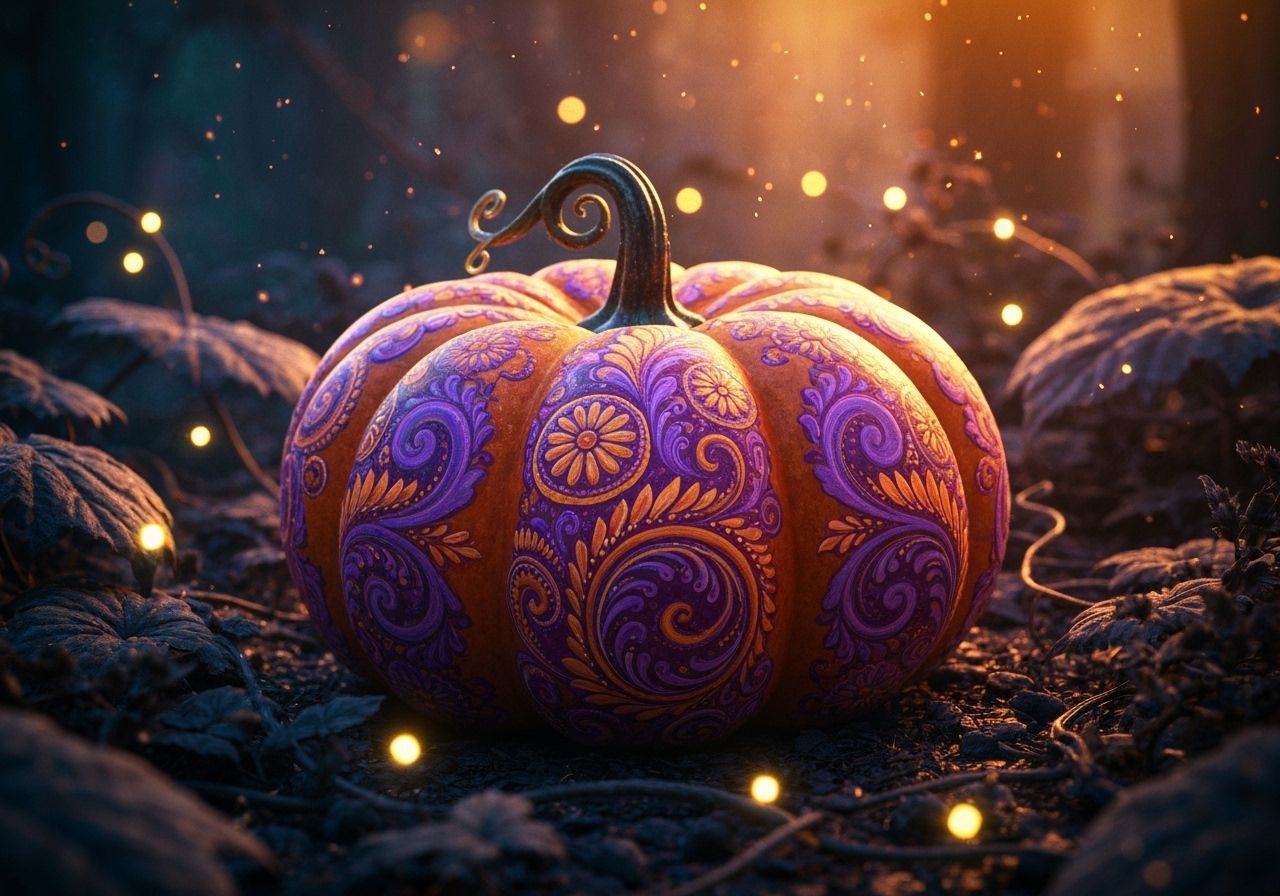 Mystical Pumpkin with Floral Patterns and Twinkling Lights