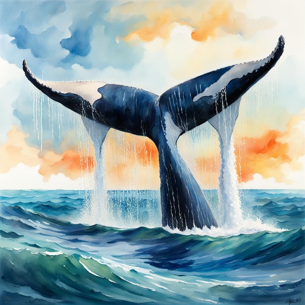 Whale Tail Emerges from Ocean as Gouache Painting