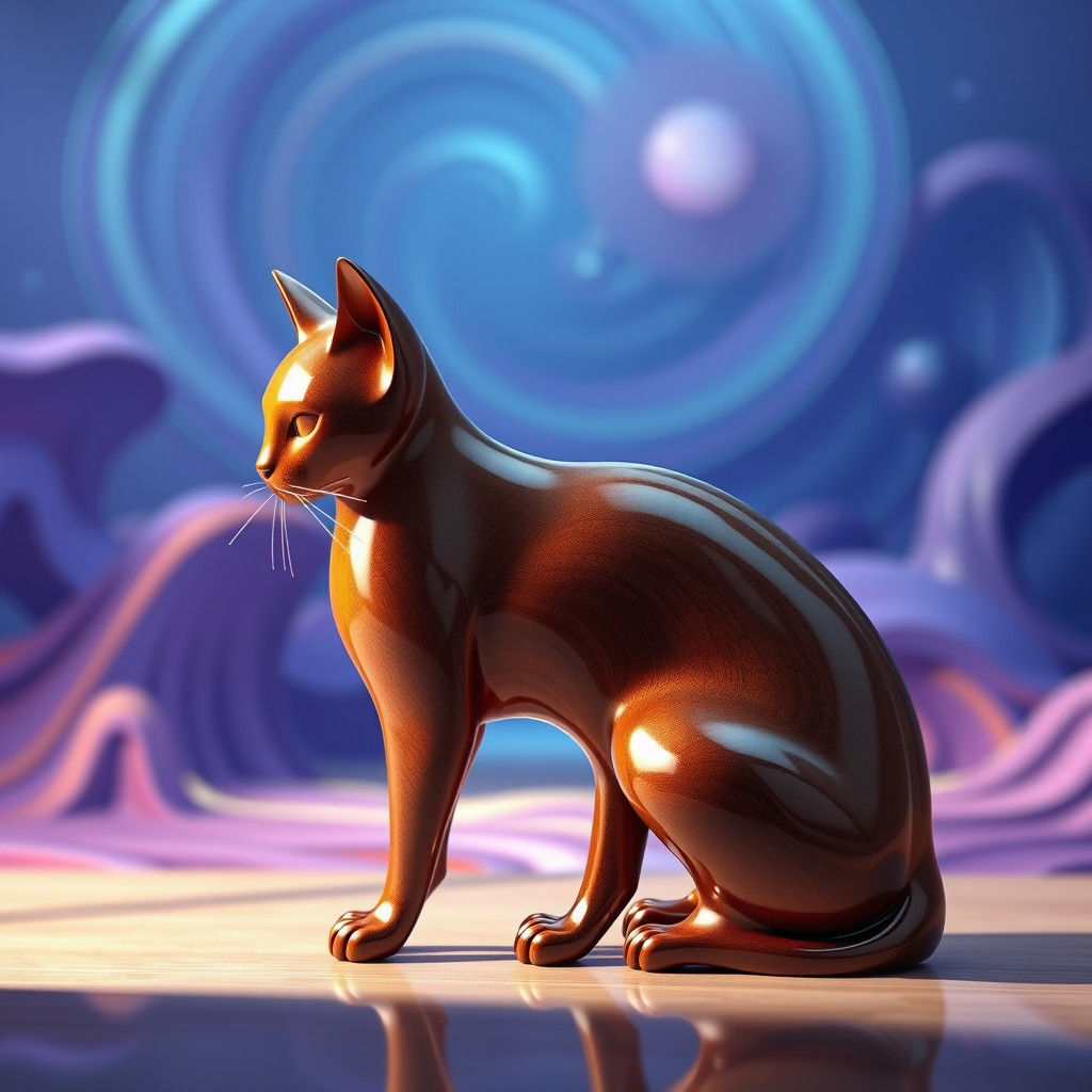 Futuristic Cherrywood Cat Statue in Dreamy Landscape
