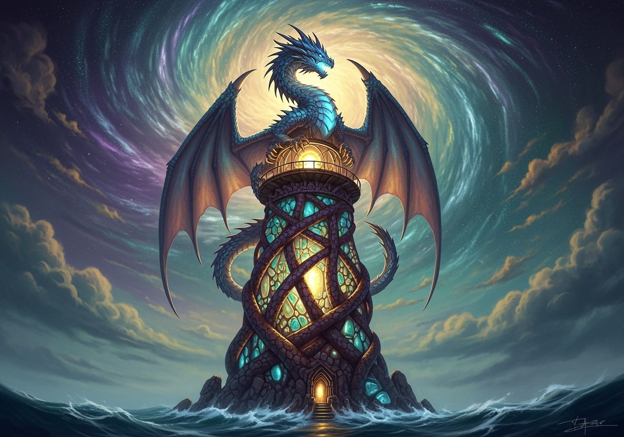Dragon on Ancient Coral Lighthouse Under Nebula Sky