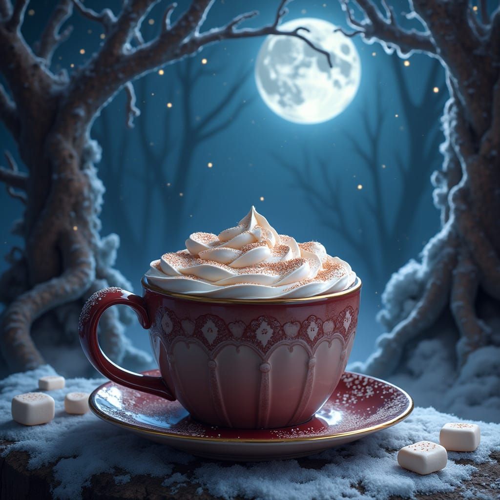 Mystical Hot Chocolate Scene in Dark Fantasy Style