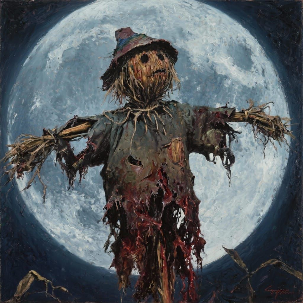Moonlit Scarecrow in Francis Bacon Style