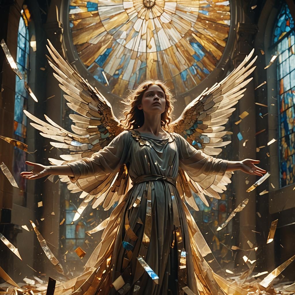 Angelic Figure Amidst Shattered Glass
