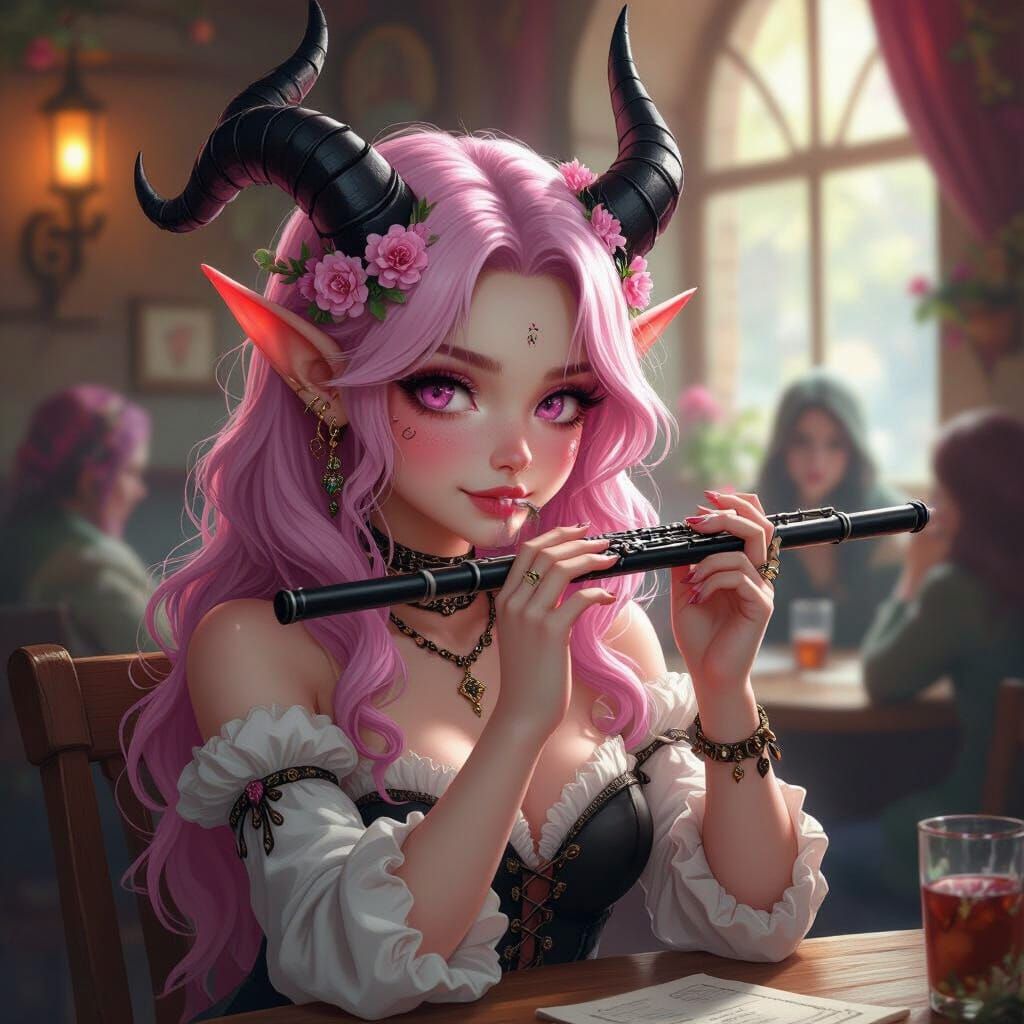 Pink Tiefling Plays Flute in Whimsical Tavern Art