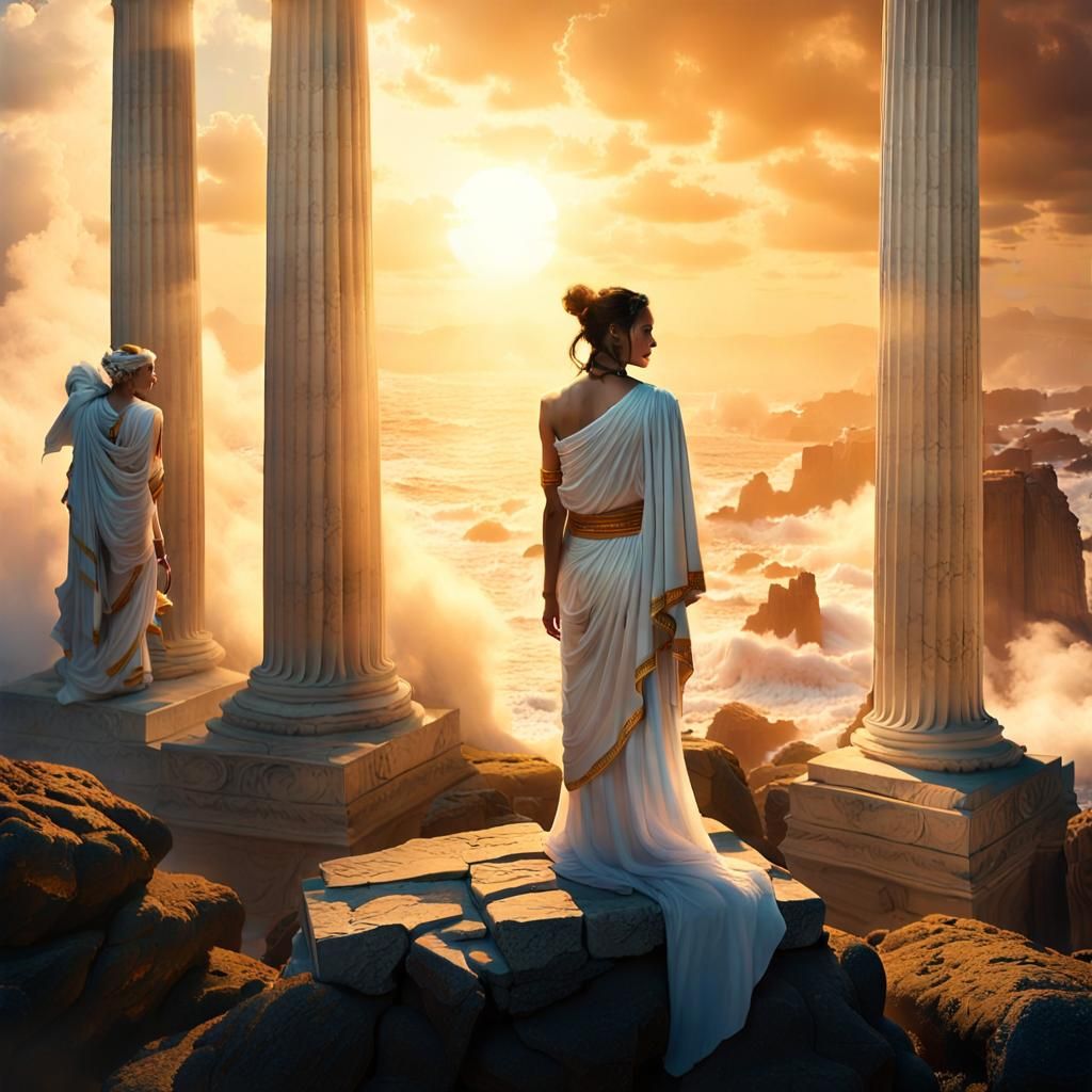 Goth Fashion Model in Ancient Greek Revival Style Amidst Oce...