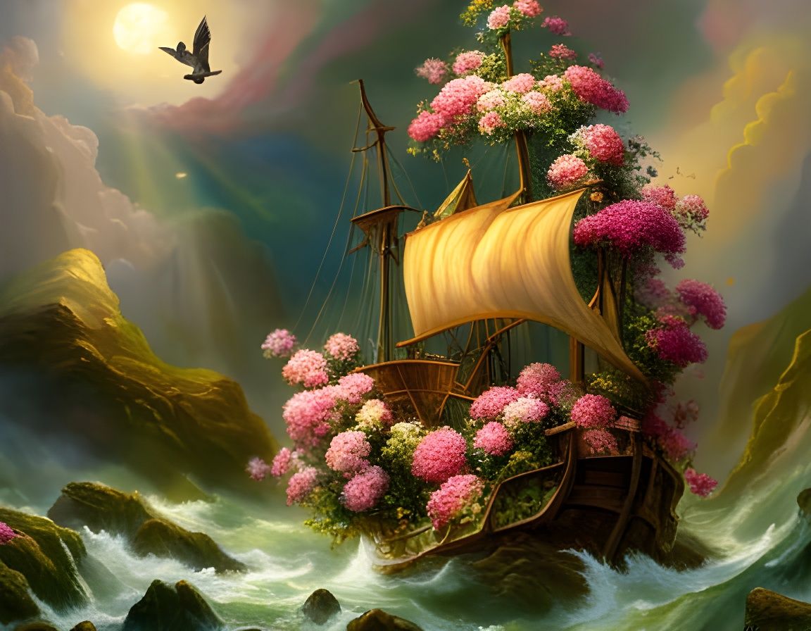 Floral Sailing Ship: A Whimsical Fantasy Art Painting